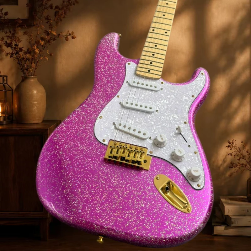 Pink Sparkle ST0S Electric Guitar SSS Pickups White Pearl Pickguard Maple Neck Gold Hardware Guitar Free Delivery