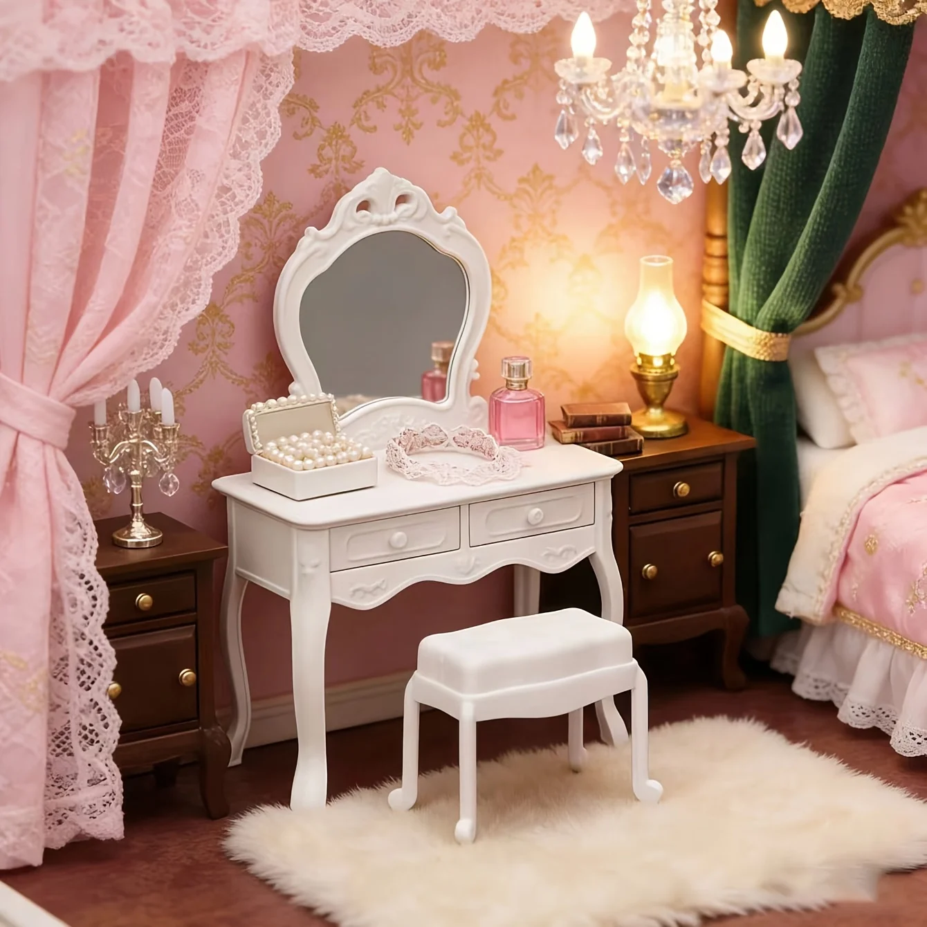 1:12 Scale Dollhouse Vanity Table Set: Mini Furniture for Bedroom Scene, Dresser, Nightstand, Makeup Desk, Lamp & Stool Ornament