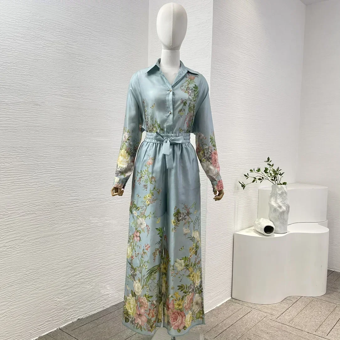 Silk Sky Blue Women Spring Summer Holiday Collection 2024 Top Quality Floral Print Long Sleeve Blouse and Wide Leg Pants Sets