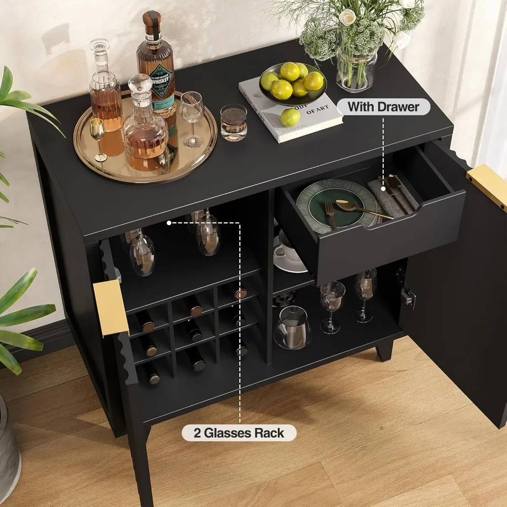 Modern Fluted Coffee Bar Cabinet with Removable Wine Rack and Adjustable Shelf, Solid Wood Legs, Multi-Functional Sideboard Buff