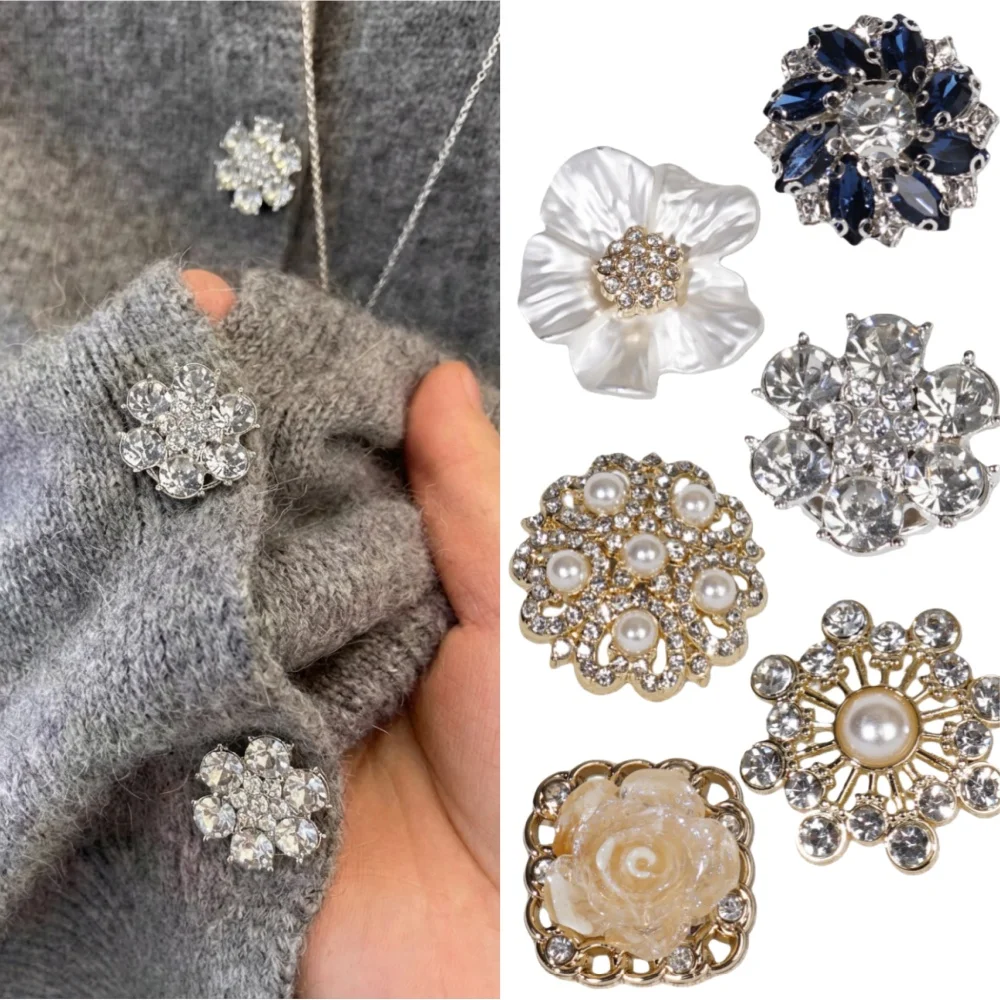 New Crystal Pearl Button Covers Clip-On Shirt Coat Decorative Buttons Sewing Button for DIY Blouses Clothing Women