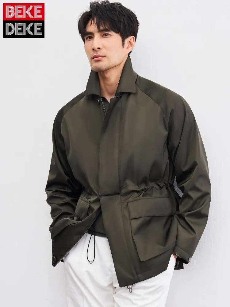 High Quality Work Male Turndown Collar Retro Jacket Spring Summer Mens Pockets Zipper Coat Business Casual Solid Color Outerwear
