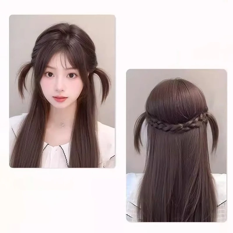 وصلات شعر صناعية مضفرة على شكل ذيل حصان مع دبوس شعر مستقيم ملفوف حول وصلات شعر ذيل حصان طبيعي ناعم