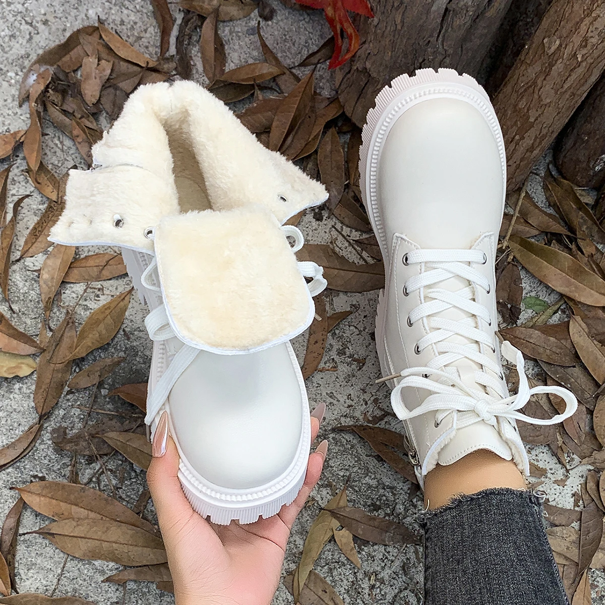 المرأة مبطن دافئ قصير أفخم عارضة الجوارب الشتاء الدانتيل تصميم بو الجلود زائد حجم بلون الأحذية الموضة الكلاسيكية. #6