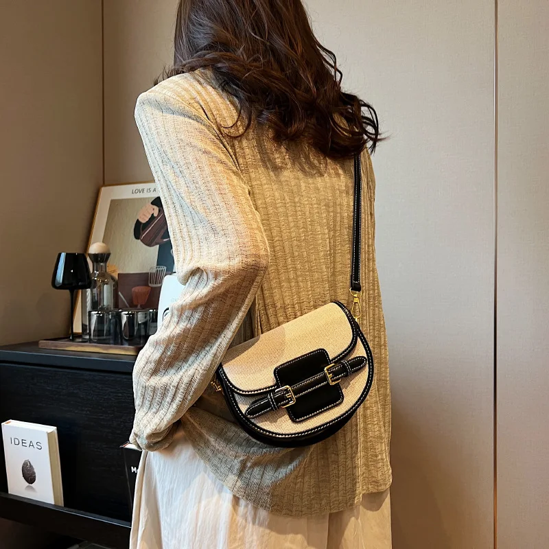 

Korean Fashion Handbag Women's Bag 2023 New Canvas Spliced Saddle Bag Versatile Simple One Shoulder Crossbody Bag