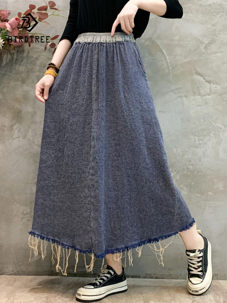 

New Summer Cotton Sweet Denim Skirts, Women Elastic Waist Splicing Skirt, Mori Girl Retro Tassels Loose Skirt, Autumn B47995QC