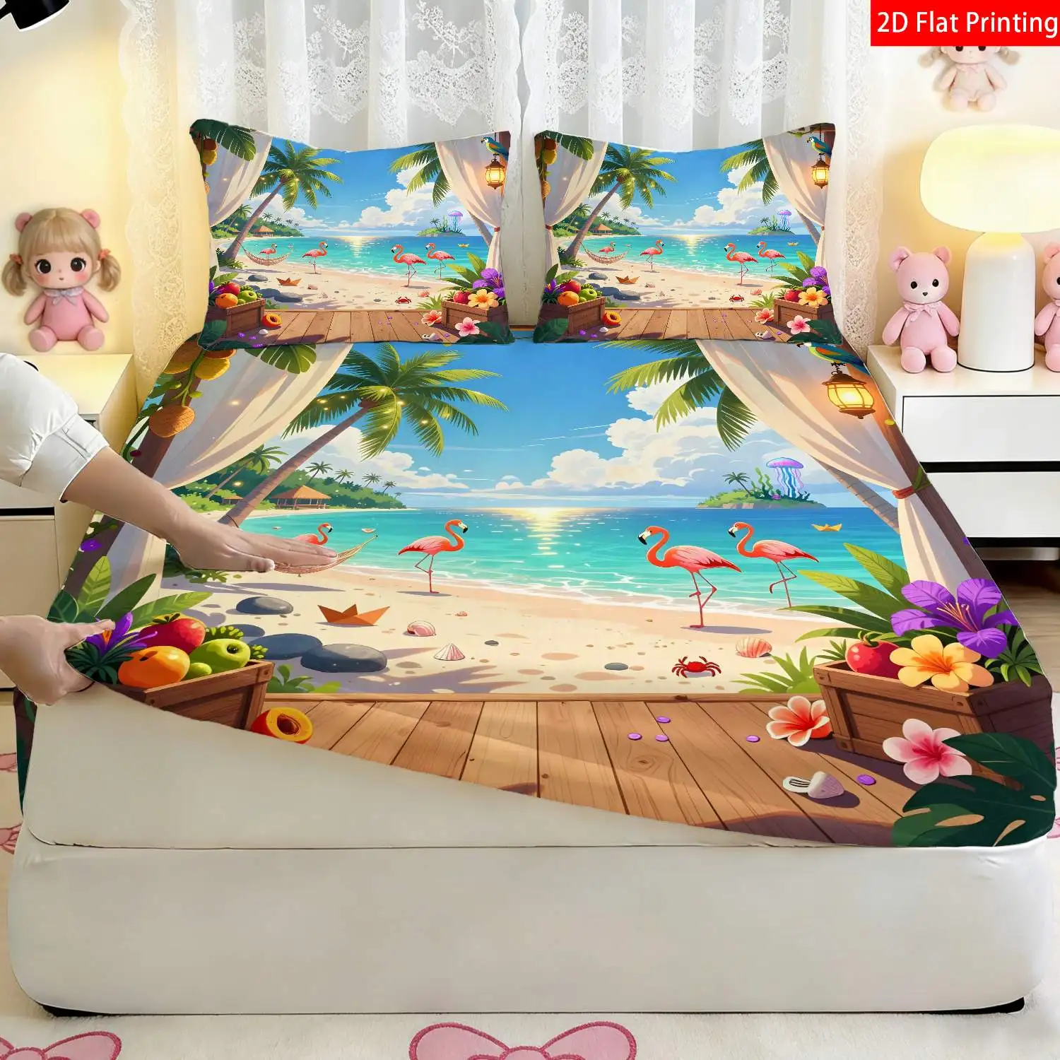 3-Piece Mattress Protector Set, Tropical Beach Themed Bedding, Suitable for Bedroom, Turquoise Palm Tree and Ocean Wave Print Fitted Sheet, Mattress Protector, Stain-Resistant, Suitable for All Seasons, Machine Washable, Easy to Care For, Suitable for Home Bedrooms, Essential for Dorms and Rentals, Master Bedroom and Guest Room Decoration, Dust-Proof and Stain-Resistant, High Elasticity, Fits Various Sizes