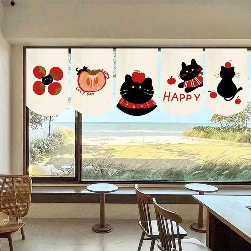 VIKAMA Cartoon Cat Fruit Triangle Hanging Curtain Minimalist Cream Color Bunting for Kitchen Room Divider Decor