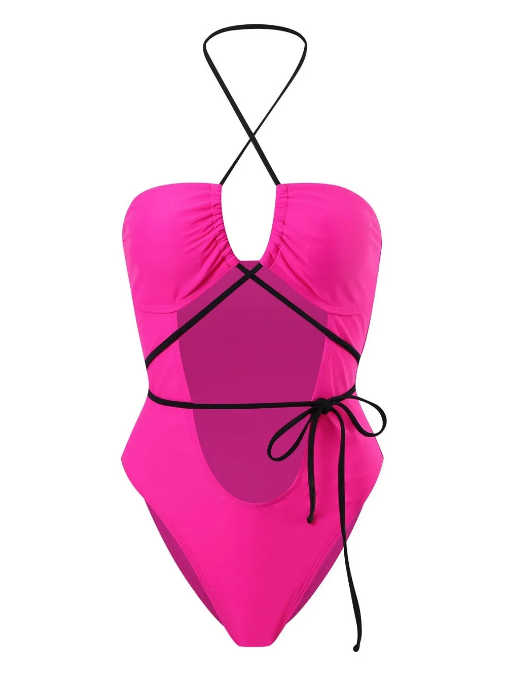 Neonrosa Einteiler-Badeanzug für Damen, Netzstoff, überkreuzte Krawatte, Taille, Bauchkontrolle, Badeanzug, sexy, tiefer V-Ausschnitt, verstellbare Strandmode