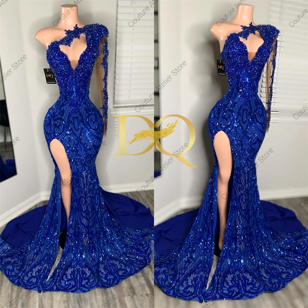 Royal Blue Sequined Lace One Shoulder Long Sleeve Crystal Mermaid Prom Dresses 2024 Black Girl African Evening Dress Customized
