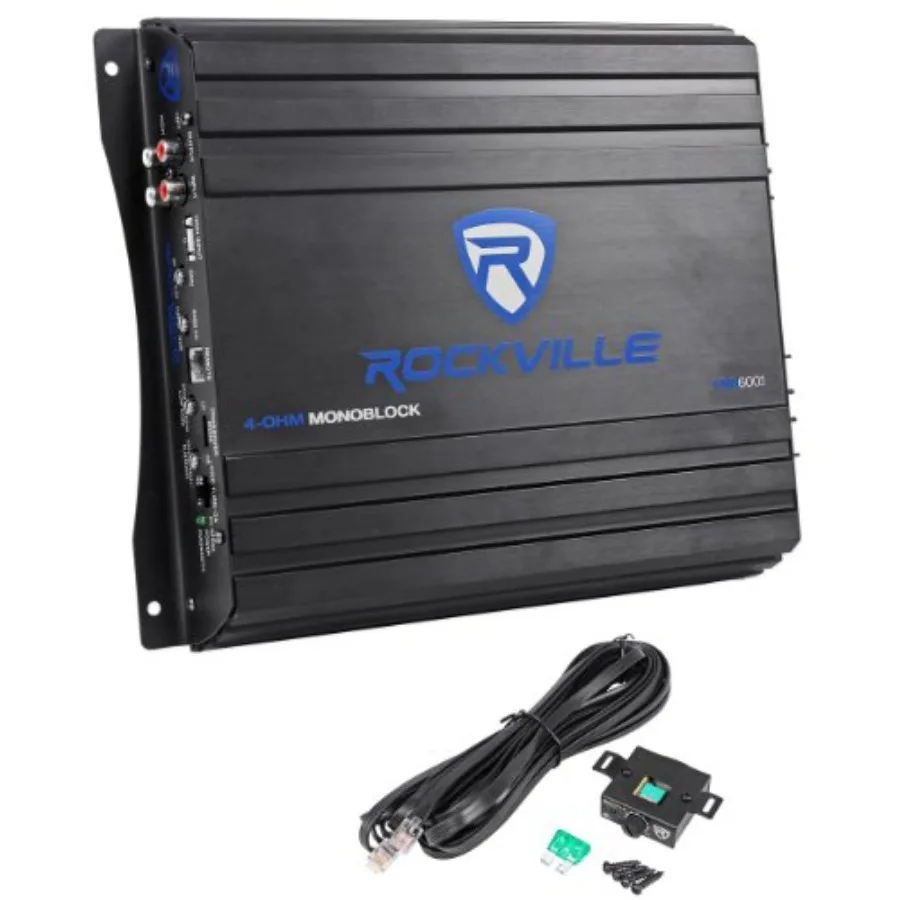 Car audio amplifier for subwoofer applications, aluminum chassis, black finish, Class AB design with 50-250Hz adjustable low-pa
