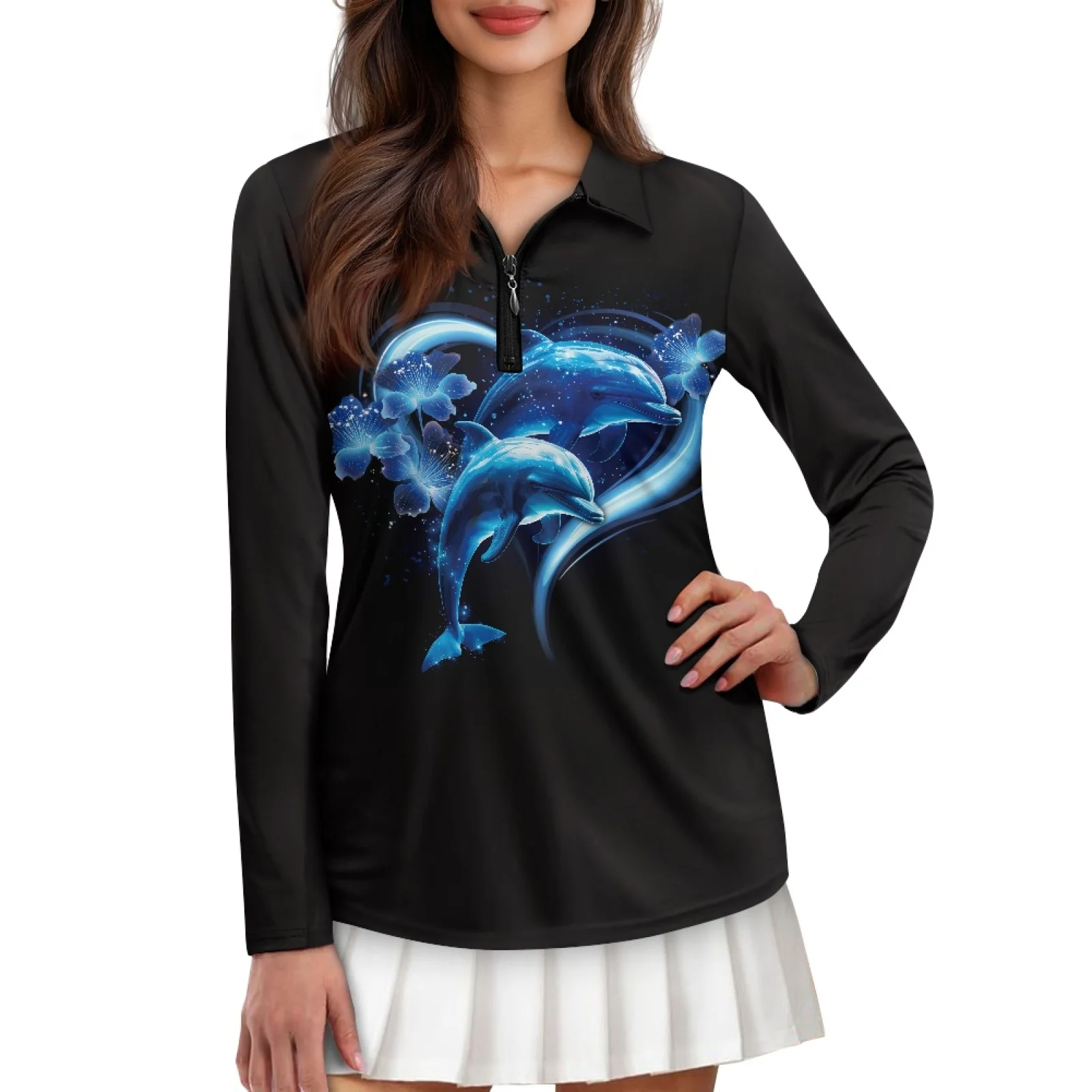 PENSTROLL Heart Dolphin Print Womens Lightweight Polo Shirts Soft Activewear for Travel