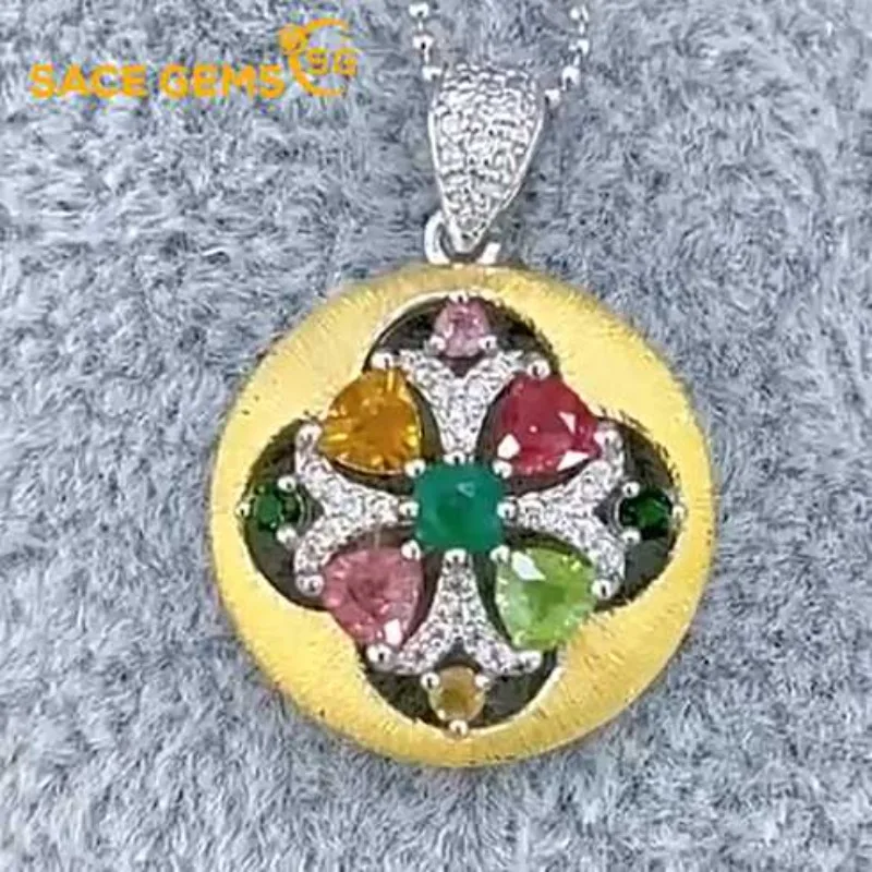 

SACE GEMS New S925 Sterling Silver 4*4MM Natual Tourmaline Pendant Necklaces for Womne Engagement Cocktail Party Fine Jewelry