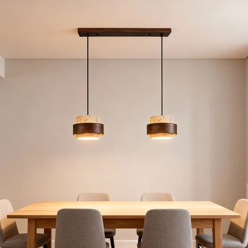 LED Small Stone Lamp Yellow Travertine Pendant Lights Wood Walnut Hanging Light Bedroom Bedside Decorative Lighting Fixtures