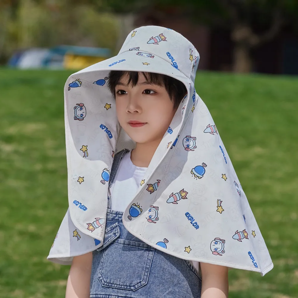 

Breathable Big Brim Baby Fisherman Hat Shawl Sun Protection Kids Sunscreen Hat Neck Cover Cartoon Children Beach Cap Outdoor