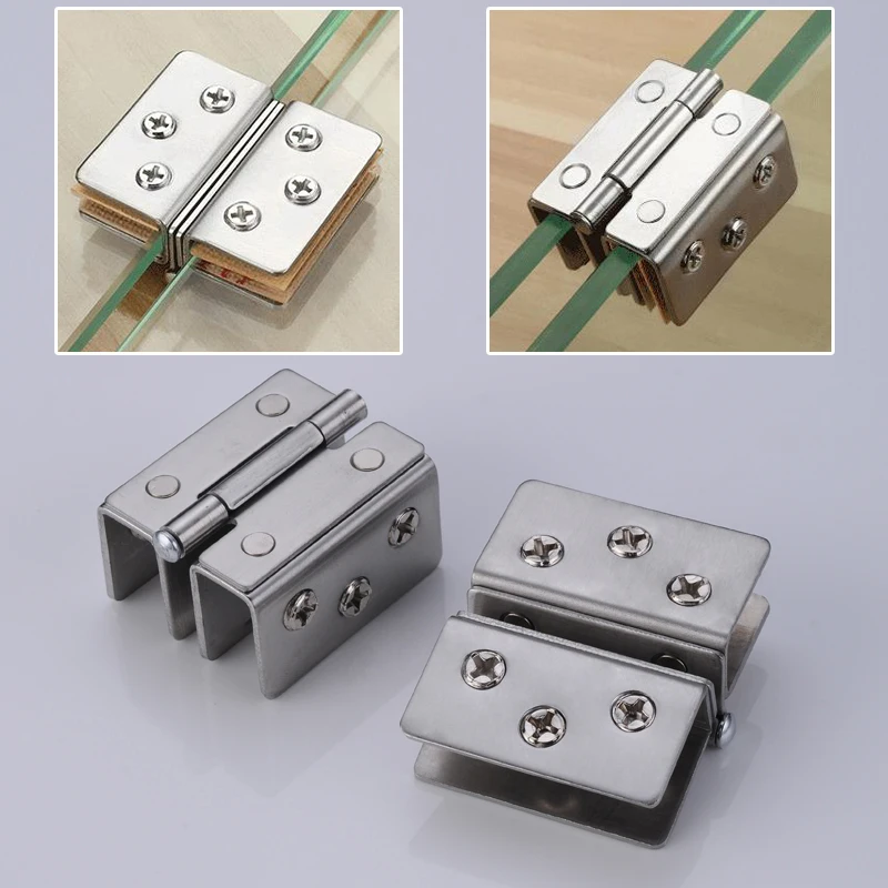 

Glass Door Hinge Double Sided Without Hole Stainless Steel Cabinet Cupboard Glass Clamps Clip for 4/9/12mm 180 Degree