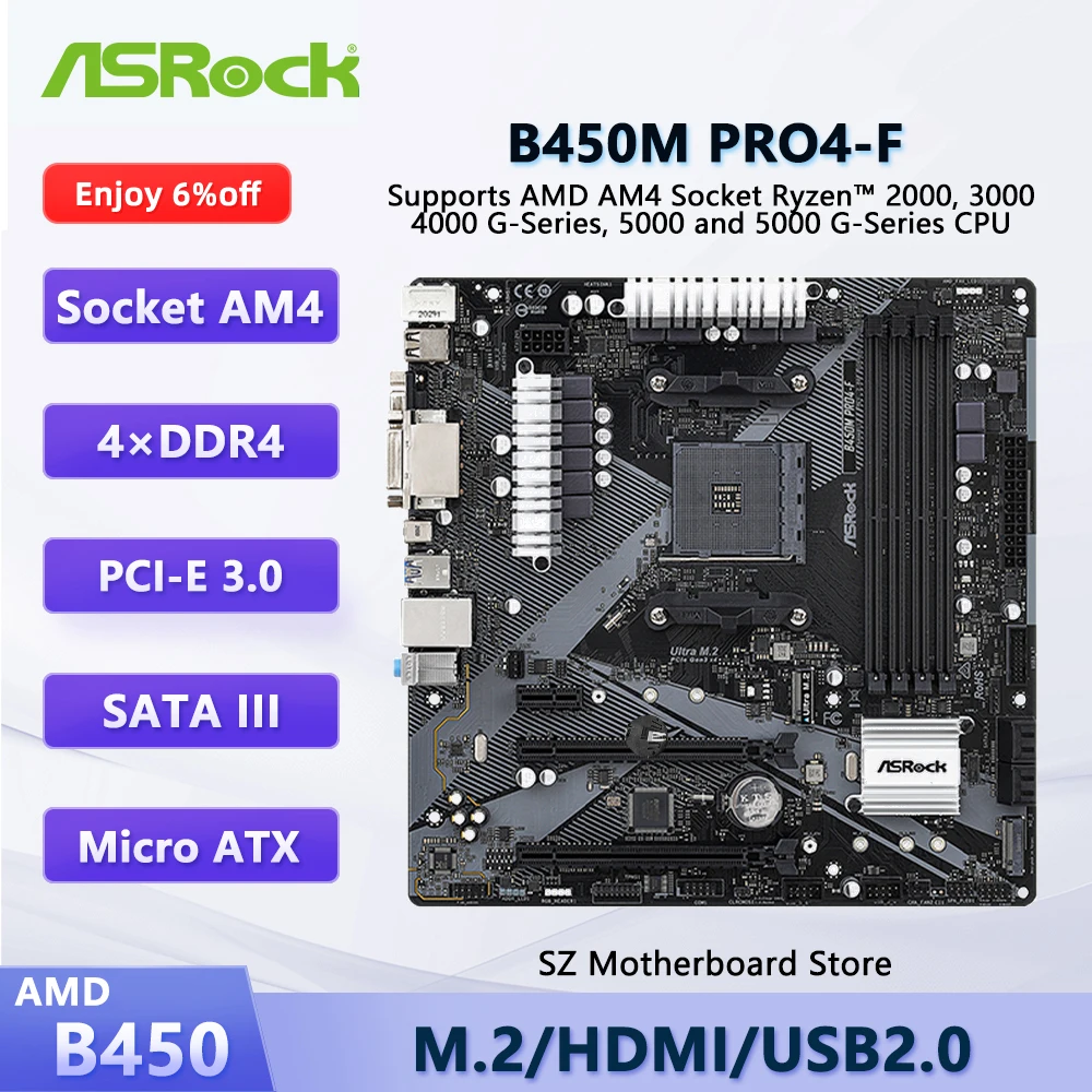 

База Placa ASROCK B450M PRO4-F AMD B450 AM4 для AMD Ryzen 7/5/3 5800X3D 5600X 3100 ЦП 4×DDR4 HDMI M.2 Micro placa base ATX
