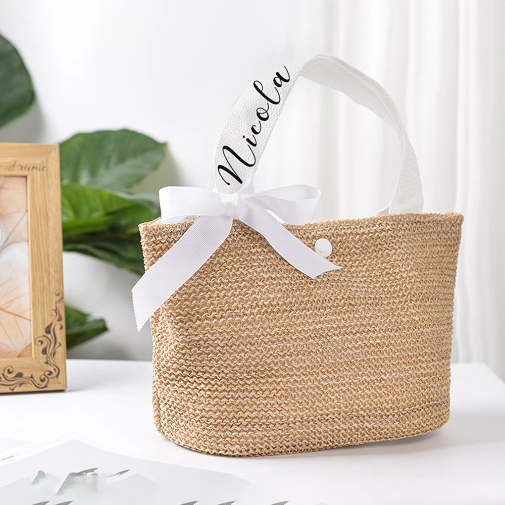 Personalized Bridesmaid Jute Totes Bag Summer Beach Small Straw Woven Shopping Bag Girls Trip Gift Bridal Shower Favors Retro