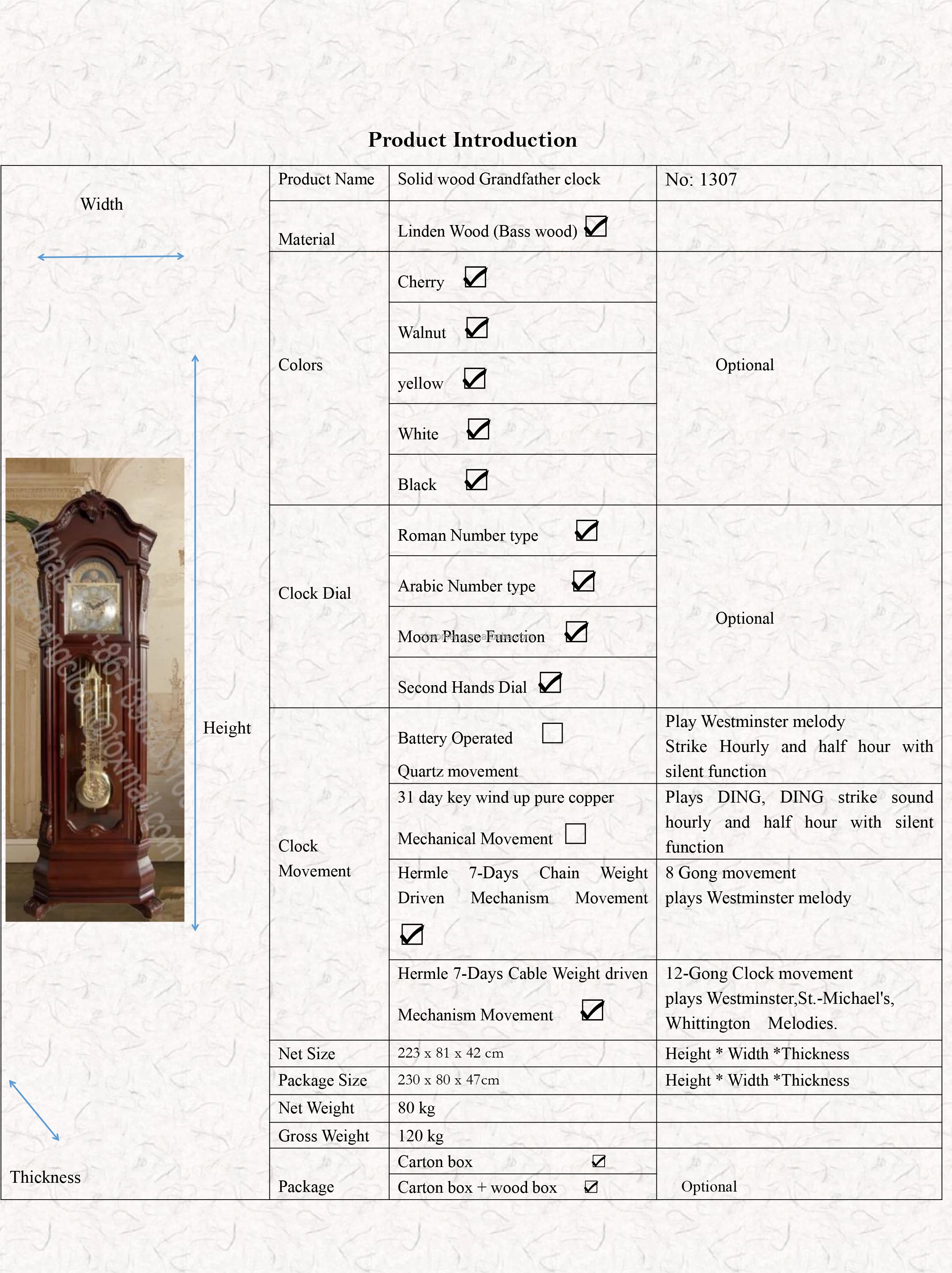Wooden Floor Grandfather Clock Shandong-made Cable-driven Triple-chime Movement French Country Design Arched Shape 80-inch