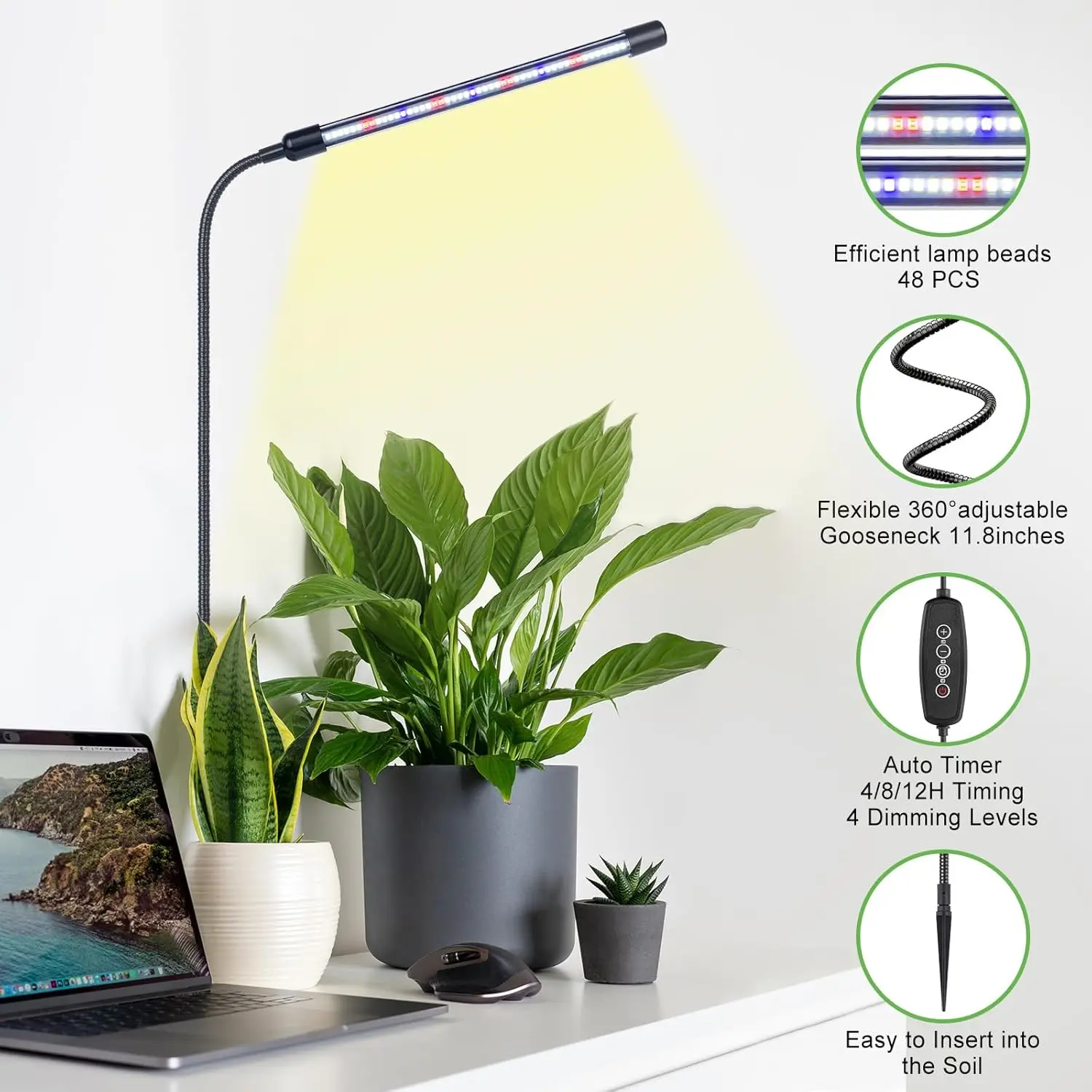 Luz de crecimiento de plantas, luz de relleno interior LED de espectro completo USB, temporizador de encendido/apagado automático 360, 1 ud. °   tubo de cuello de cisne ajustable regulable