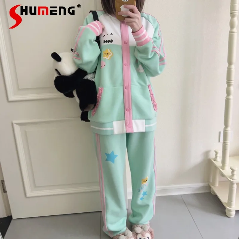 

New Popular Lolita Style Original Design Mint Cotton Ice Soft Cute Print Japanese Sports Winter Baseball Uniform Hoodie Trousers