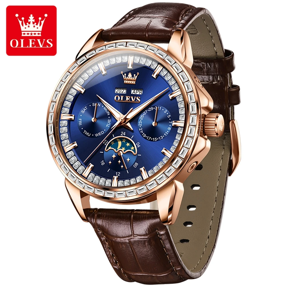 OLEVS Mens Watches Top Luxury Brand Automatic Mechanical Waterproof Sport Multifunctional Wrist Watch Leather Relogio