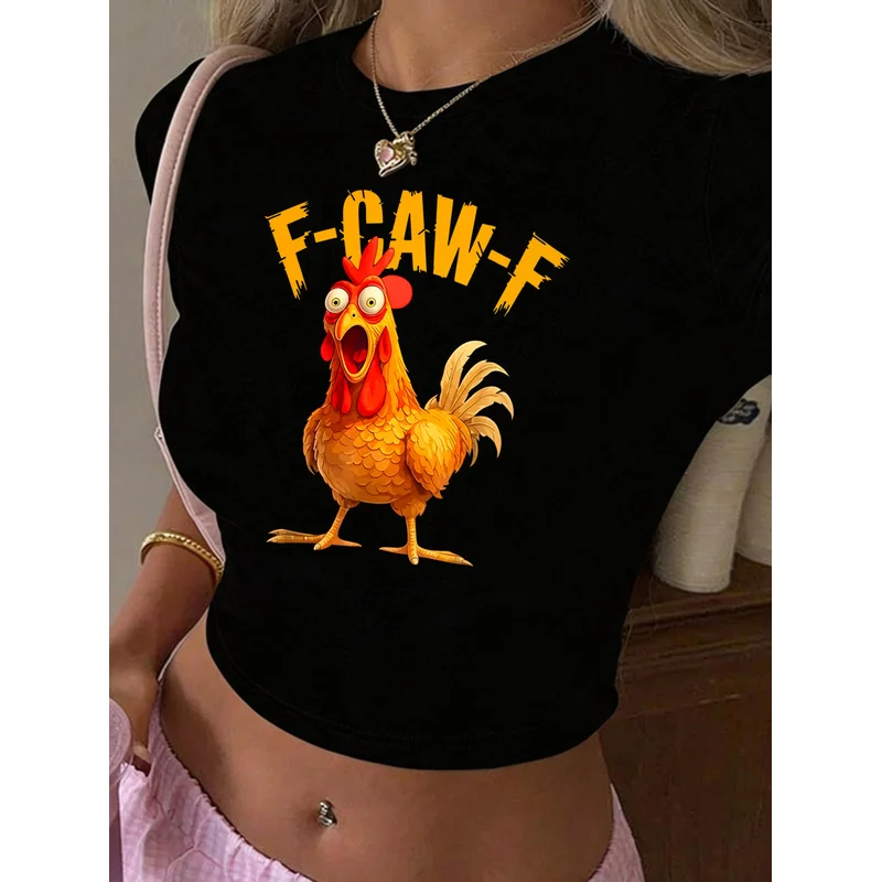 Casual Funny Style, Women's T-Shirt, F-Caw-F Rooster Graphic Print, Summer Daily Wear, Gift For Friends Or Family