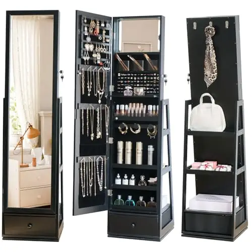 Full Length Jewelry Cabinet Standing With Built-In Mirror Jewelry Armoire With Mirror Drawers, Lockable Storage Mirror