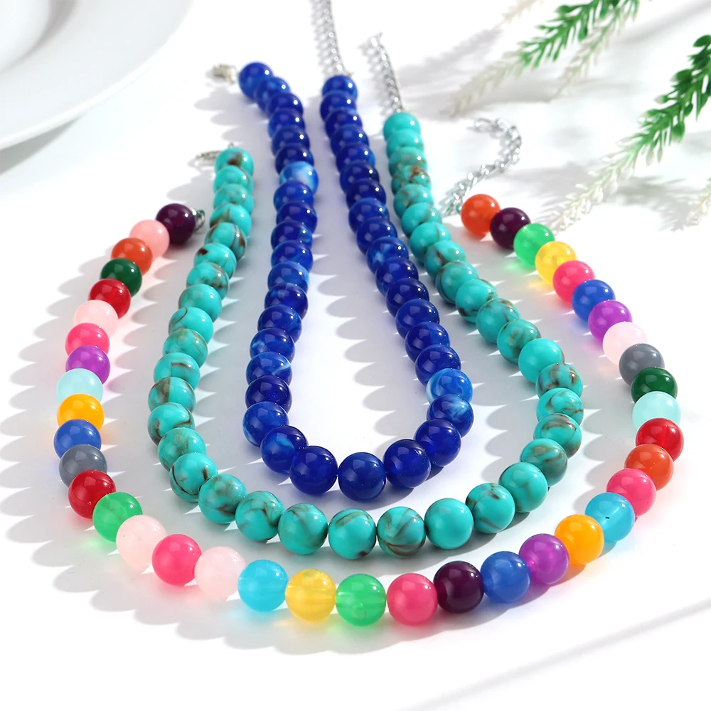 12mm Colorful Round Beads Collar Necklaces Fashion Acrylic Geometric Beaded Necklace Women Jewelry Gifts