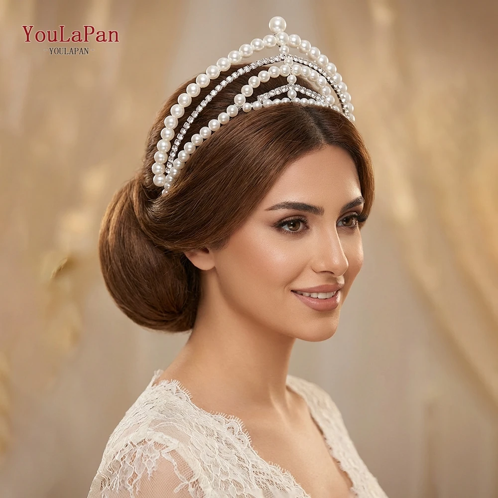 

YouLaPan Bridal Weddings Crown Head Hoop Hair Accessories Women Engagement Headdress Elegant Pearls Rhinestone Headpiece HP972