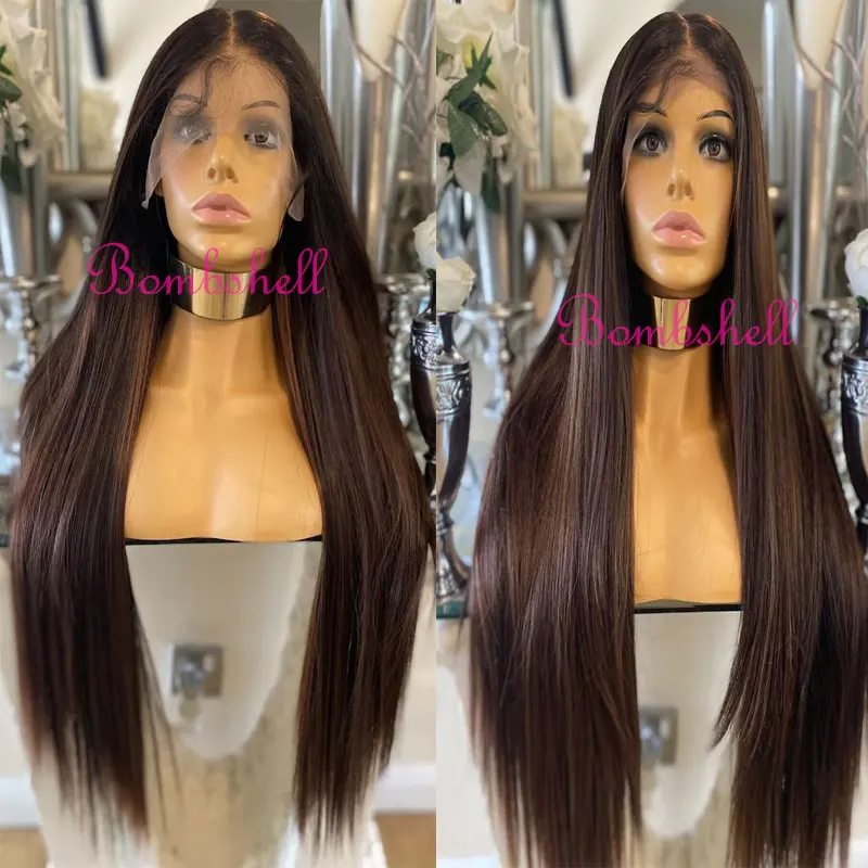 

Bombshell Chocolate Brown Straight Synthetic 13x4 Lace Front Wigs Glueless High Quality Heat Resistant Fiber Hair For Women Wigs