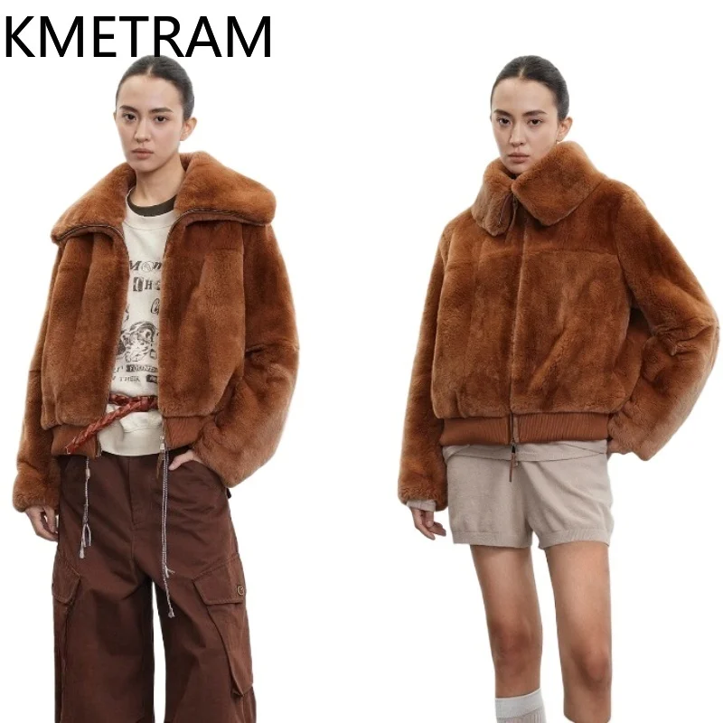 

KMETRAM 100% Rex Rabbit Fur Coat Woman High Quality Loose Real Fur Jackets Winter Clothes 2025 Furry Jacket Women шуба женская