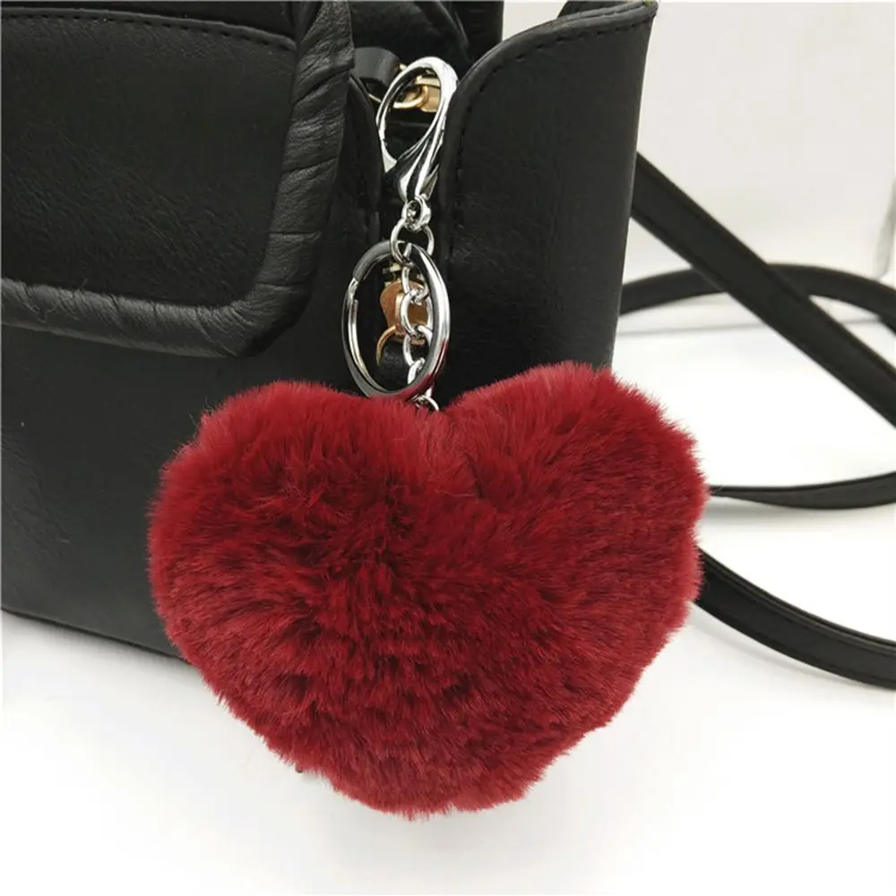 Trendy Handbag Accessories Bag Pendants Soft Keyring Pompom Keychain Fake Rabbit Fur Heart Shape