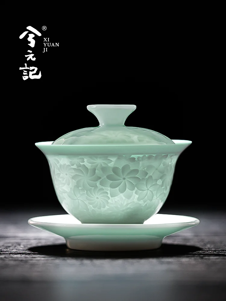Misty Blue Relief Sancai Gaiwan Tea Cup Three-Piece Set High-End Household Ceramic Not Hot Hand Making