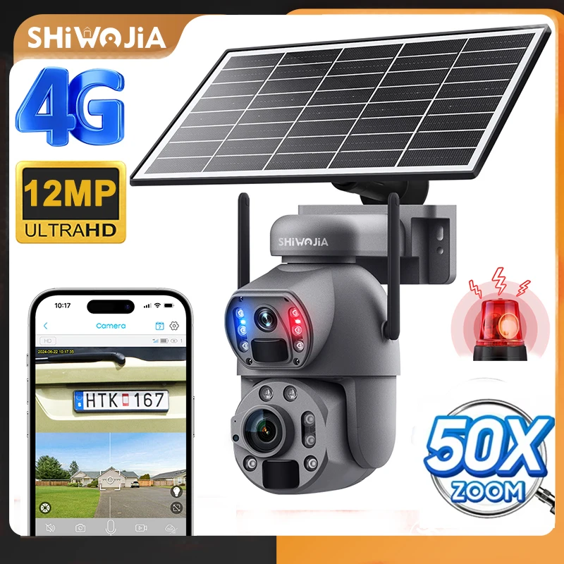 SHIWOJIA 12MP Solar Camera 4G SIM 50X ZOOM 360° Outdoor Dual Lens Human Tracking WIFI Battery Security Cameras PIR Night Vision