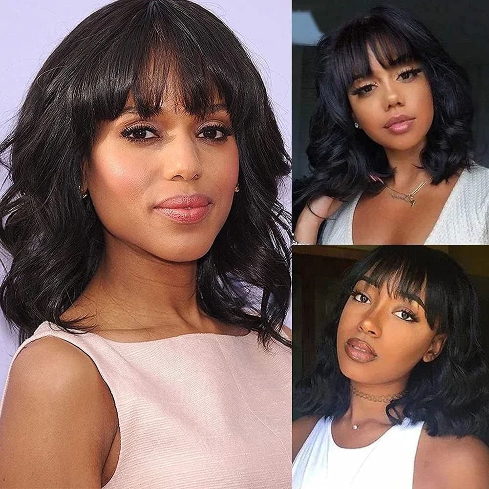 Fake Scalp Loose Wavy Human Hair Wig With Bangs Realistic Look Lace Glueless Wig Body Wave Short Black Wigs With Bangs For Women