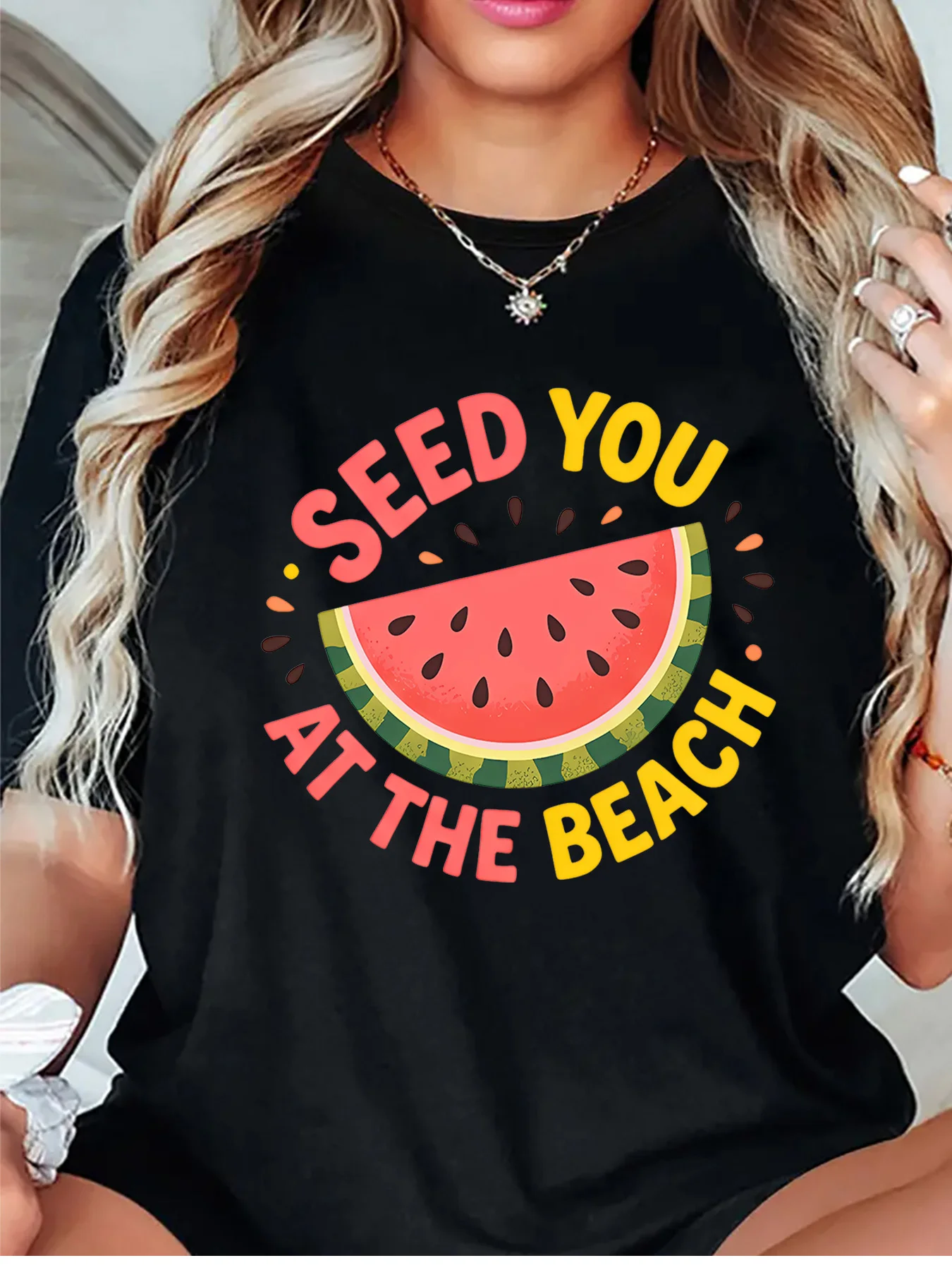 Seed You At The Beach Watermelon Fruit Graphic Womens T Shirt Short Sleeve Crew Neck Funny Summer Casual Daily Ladies Tee Tops