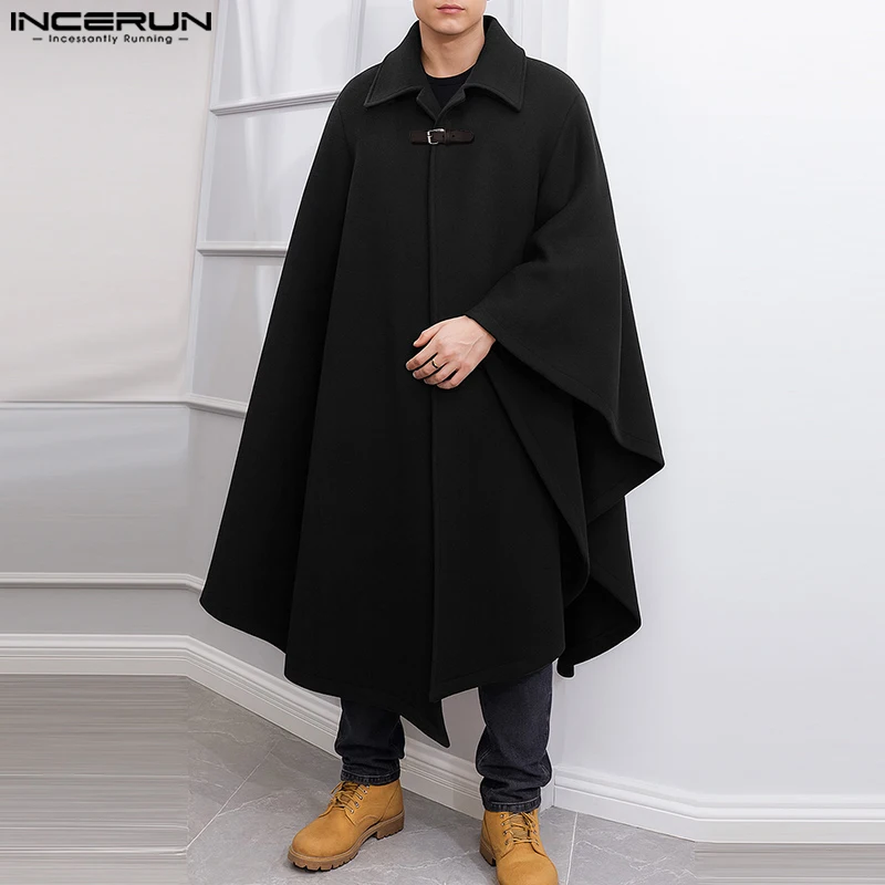

INCERUN мужской плащ однотонный с лацканами на одной пуговице свободный плащ накидка мужская уличная одежда 2025 модные повседневные длинные стильные пальто мужские пончо