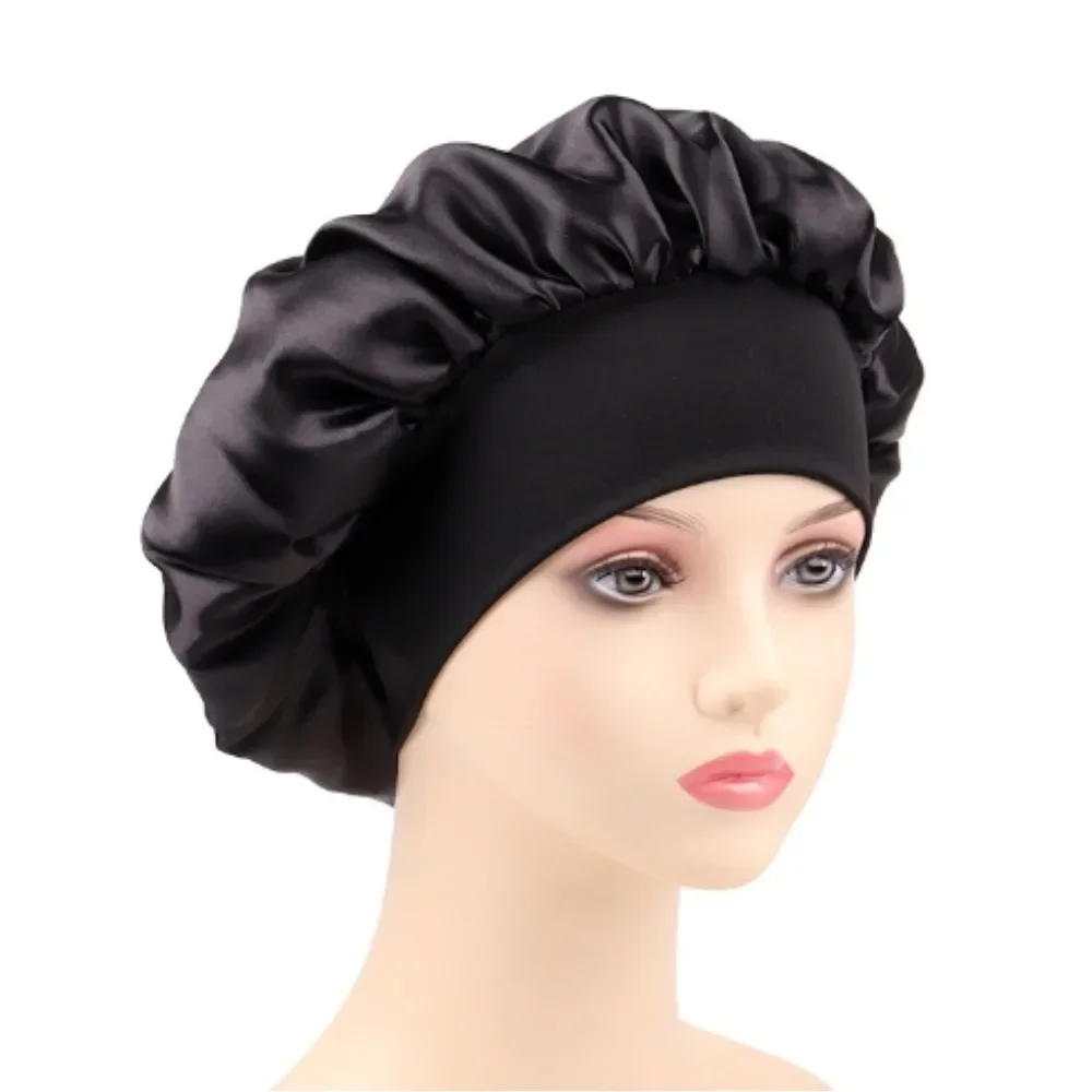 New Satin Wide Brim Nightcap Silky Bonnet Hair Wrap for Sleeping Sleep Cap With Elastic Soft Band Styling Cap Hair Wrapping Tool