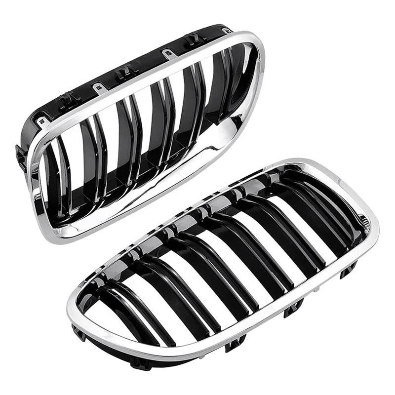 

2X Car Chrome+Glossy Black Dual Slats Front Kidney Grille Grill For BMW F10/ F11 M5 535I 550I 528I 4-Door 2010-2017