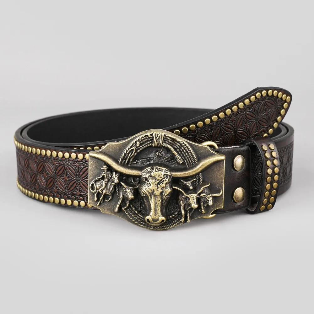 

Men's Western Cowboy Embossed Leather Belt - Bull Head Studded Punk Belt, Vintage Retro Tack - Style Accessory for Jeans