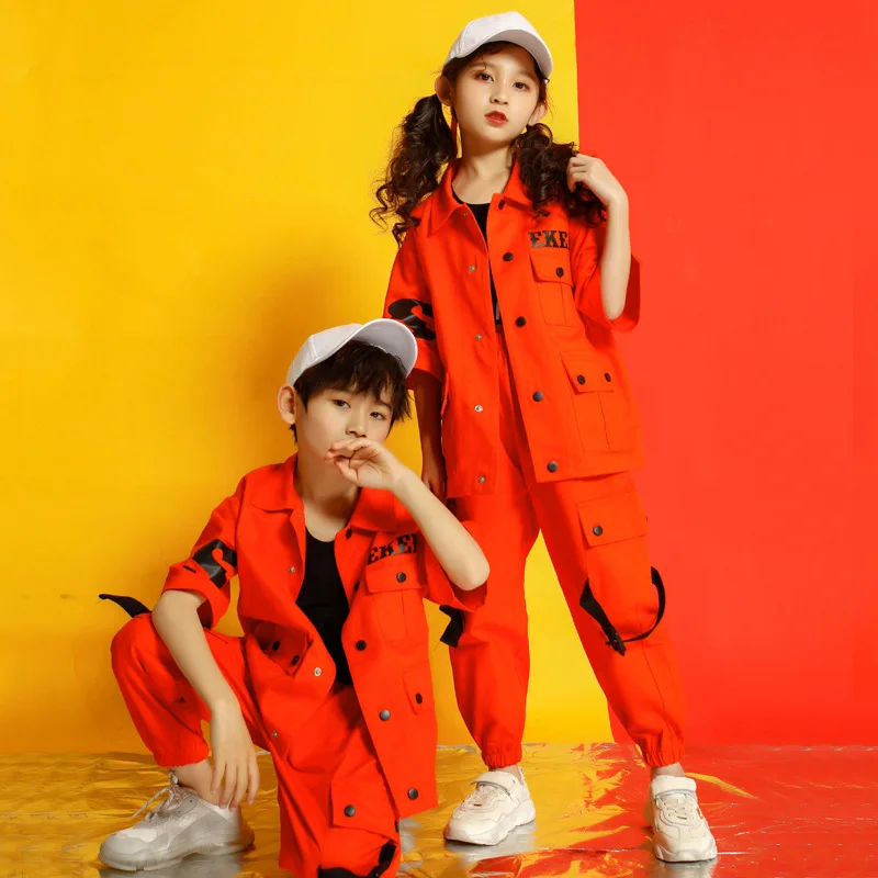 Hip Hop Ballroom Dancing Costumes for Girls Boys Kids Child Party Show Orange T Shirts Cargo Pants Jazz Dance Clothes Stage Wear