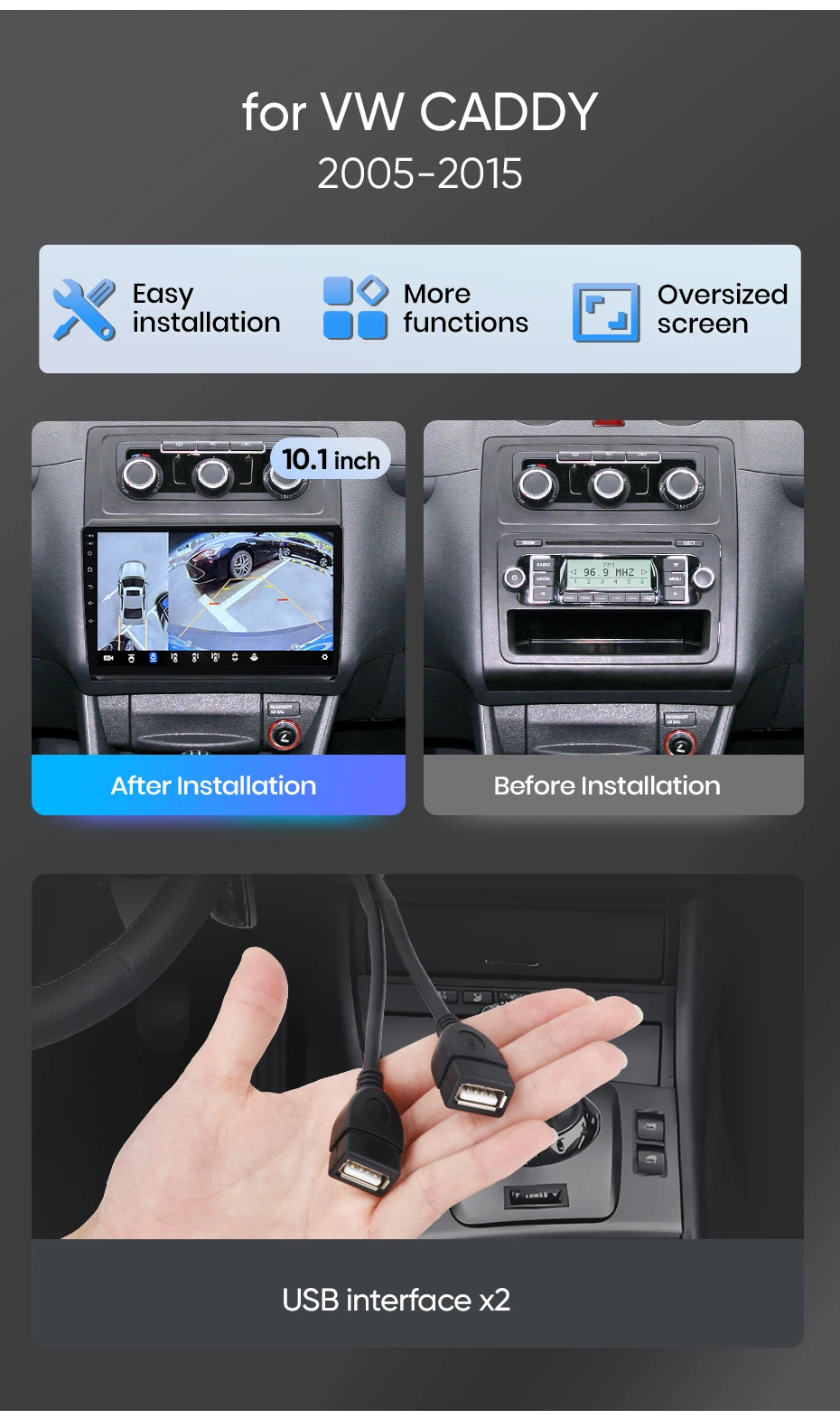 Junsun Autoradio für VW Volkswagen Caddy 2005-2015 mit CarPlay, Android Auto, FM, RDS, DSP, BT, GPS-Navigation, Lenkradfernbedienung, HD IPS Touchscreen, Plug & Play Multimedia-Player, Freisprechfunktion, Original-Autostil-Haupteinheit – Detail 4