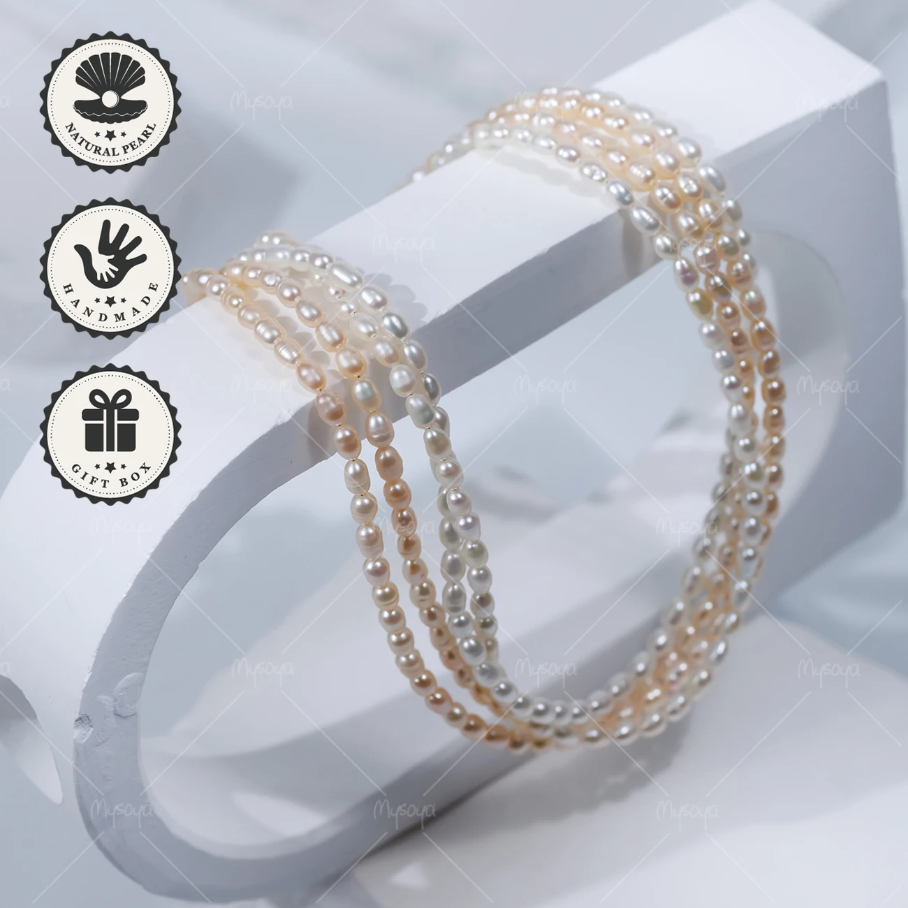 

MYSOYA Double Layer 3-4mm White and Pink Freshwater Pearl Necklace with Silvery Pea Clasp With Gift Box Birthday Valentine’s Day