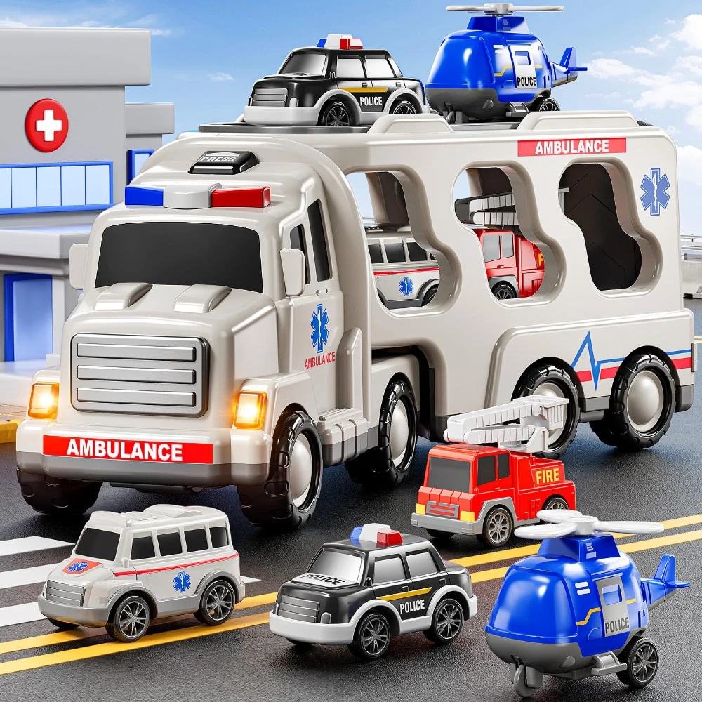 WizKidz 5-In-1 Play Ambulance Toy Vehicle Truck With Light & Sound for Kids 3-7 Years Old - Police Car Fire Truck Birthday Gift