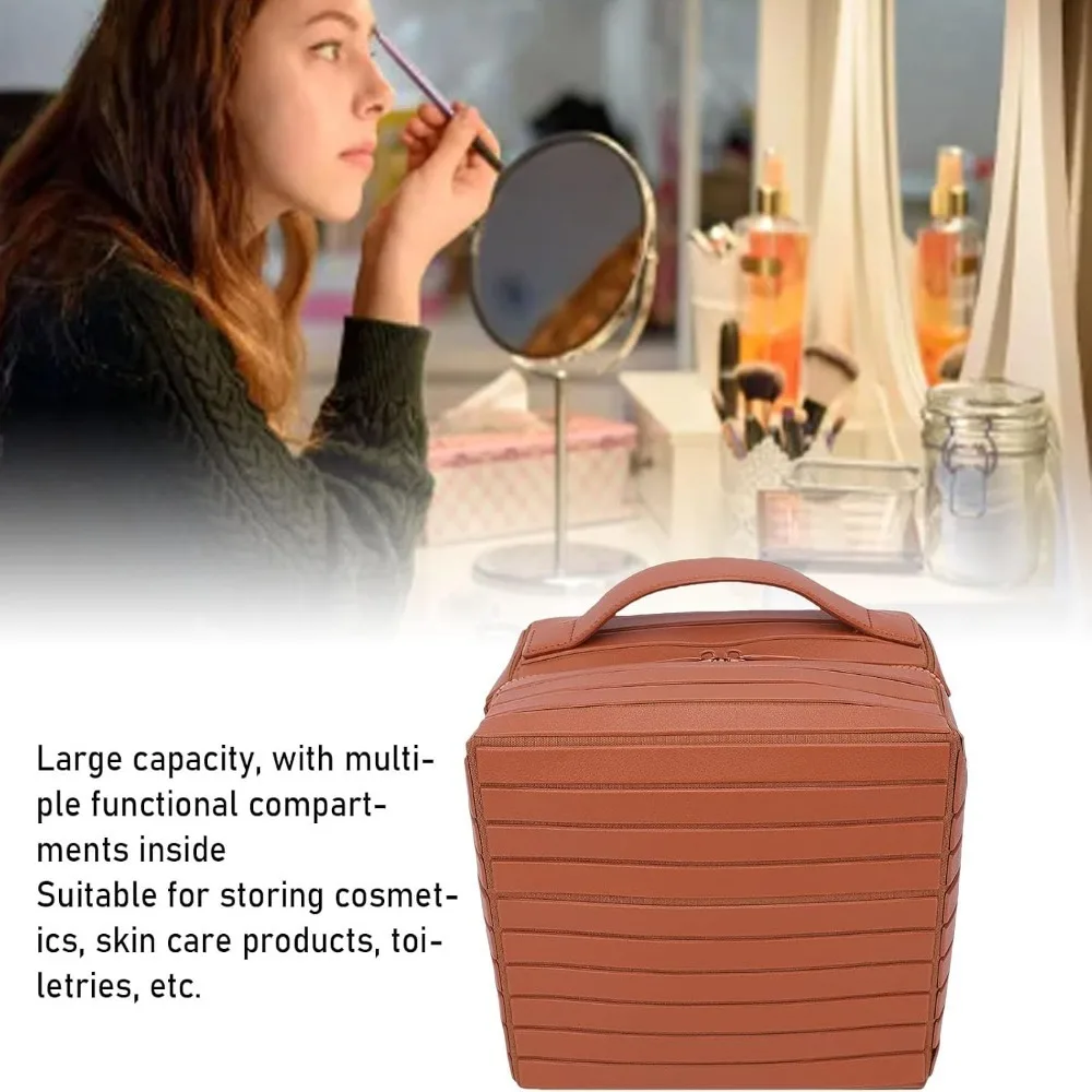 8.46x6.30x7.48in Makeup Bag Small Size PU Leather Cosmetic Case Fold-Down Design Multiple Compartments Makeup Organizer