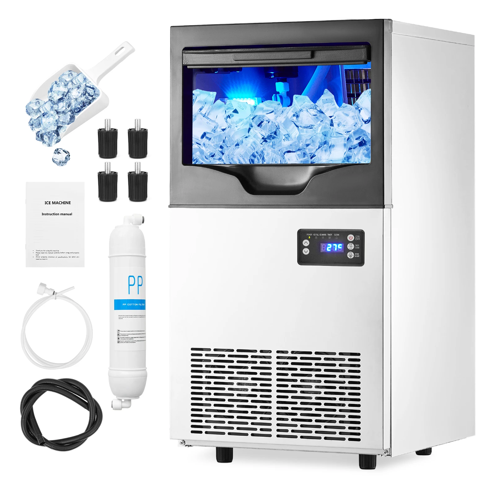 Commercial Ice Maker Machine,Freestanding/Under Counter Stainless Steel Ice Machine,90Lbs/24 Hour with 30Lbs Ice Storage Capacit