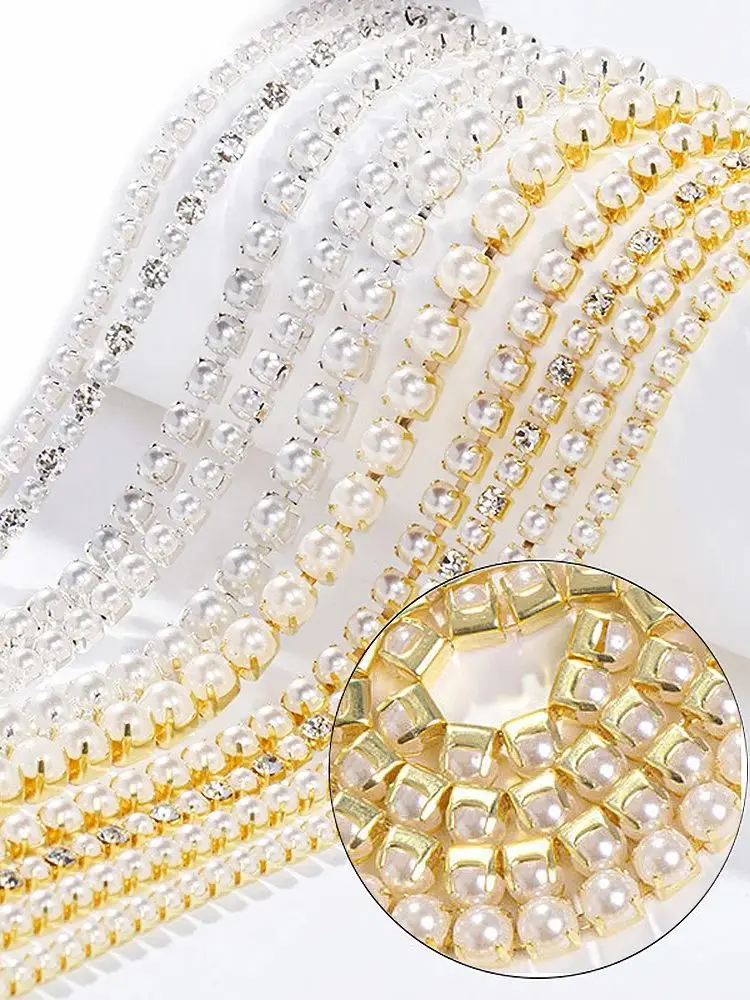 Chaîne de perles en forme de tasse à griffes, Base en or et argent, cristaux brillants, pierres à coudre sur strass, chaîne de perles, chaîne de décoration pour vêtements, ss6-ss12
