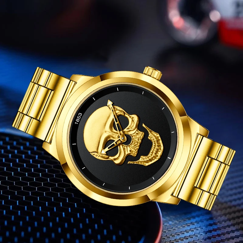 LIGE Top Luxury Brand Gold Black Skull Men Watches with Stainless Steel Sports Waterproof Quartz Clocks Male Creative Wristwatch