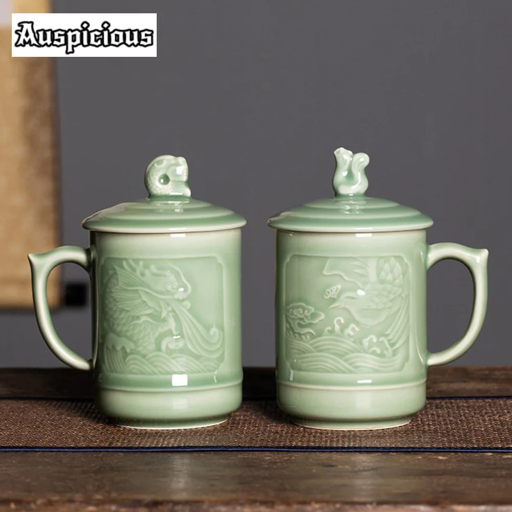 

500ml Handmade Longquan Celadon Water Mug Chinese Dragon Phoenix Matching Tea Mug with Lid Home Office Making Tea Cup Drinkware